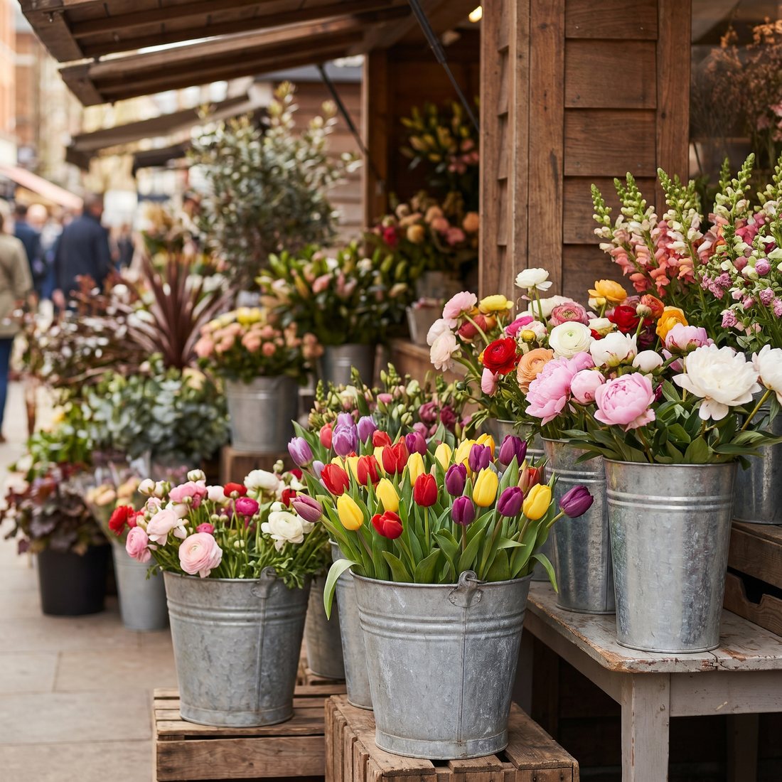 Zinken emmers vol kleurrijke verse bloemen bij een gezellige buurtbloemist