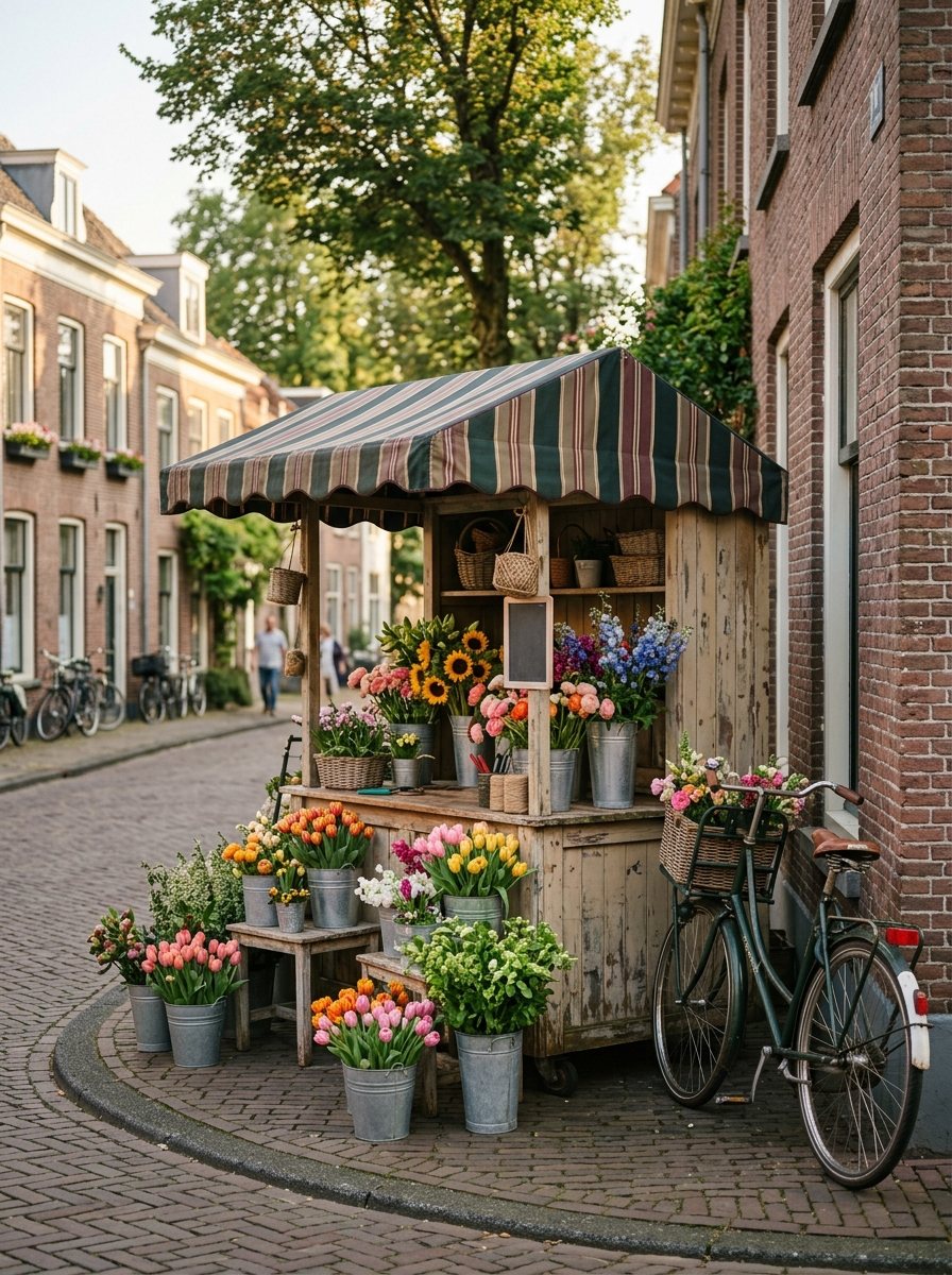 Zinken emmers vol kleurrijke verse bloemen bij een gezellige buurtbloemist