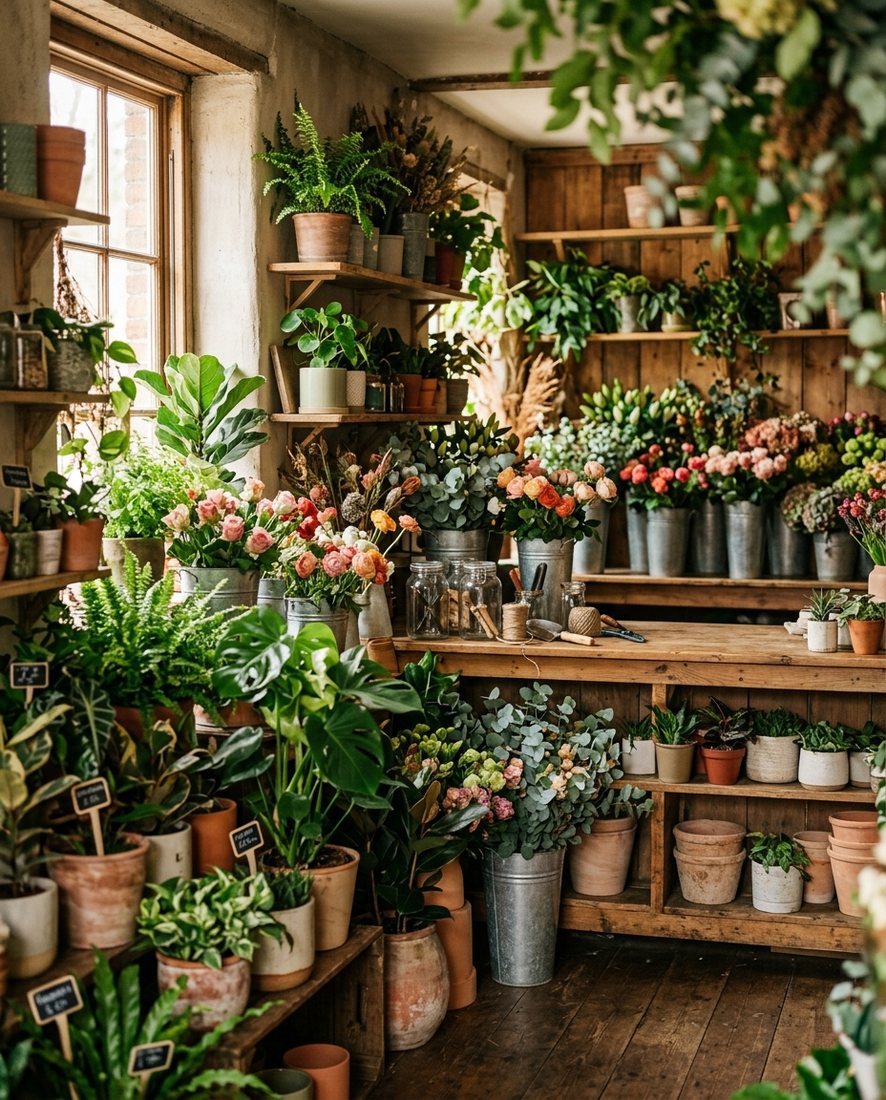Sfeervol interieur van de bloemenwinkel met boeketten en kamerplanten