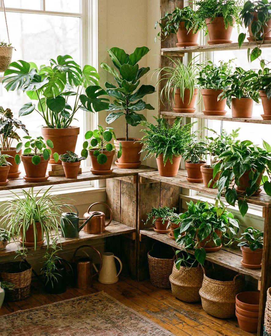 Gezonde kamerplanten in terracotta potten op houten schappen
